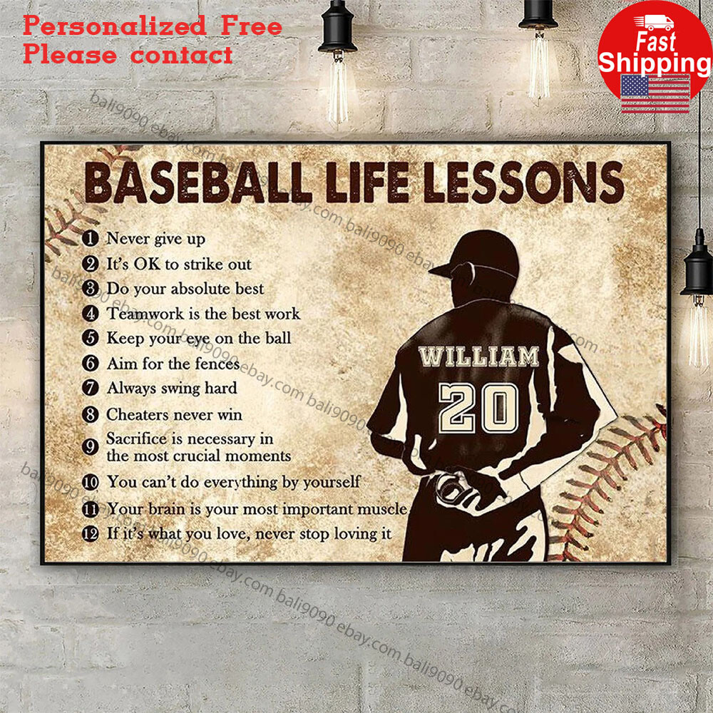 Personalised Baseball Life Lessons Never Give Up Poster, Baseball Poster, Gif…