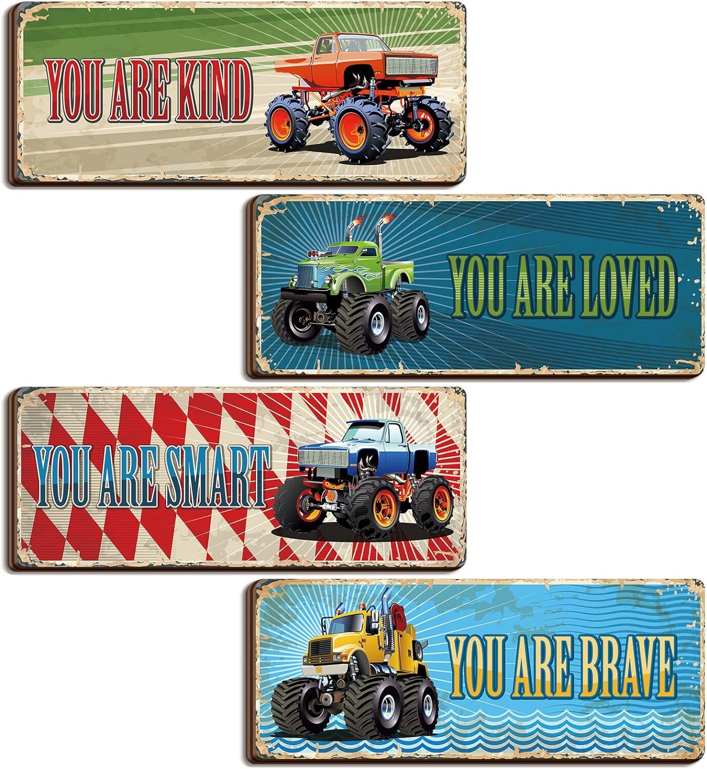 4 Pcs Truck Bedroom Wall Art Decor Boys, Motivational Quote as pictures shown