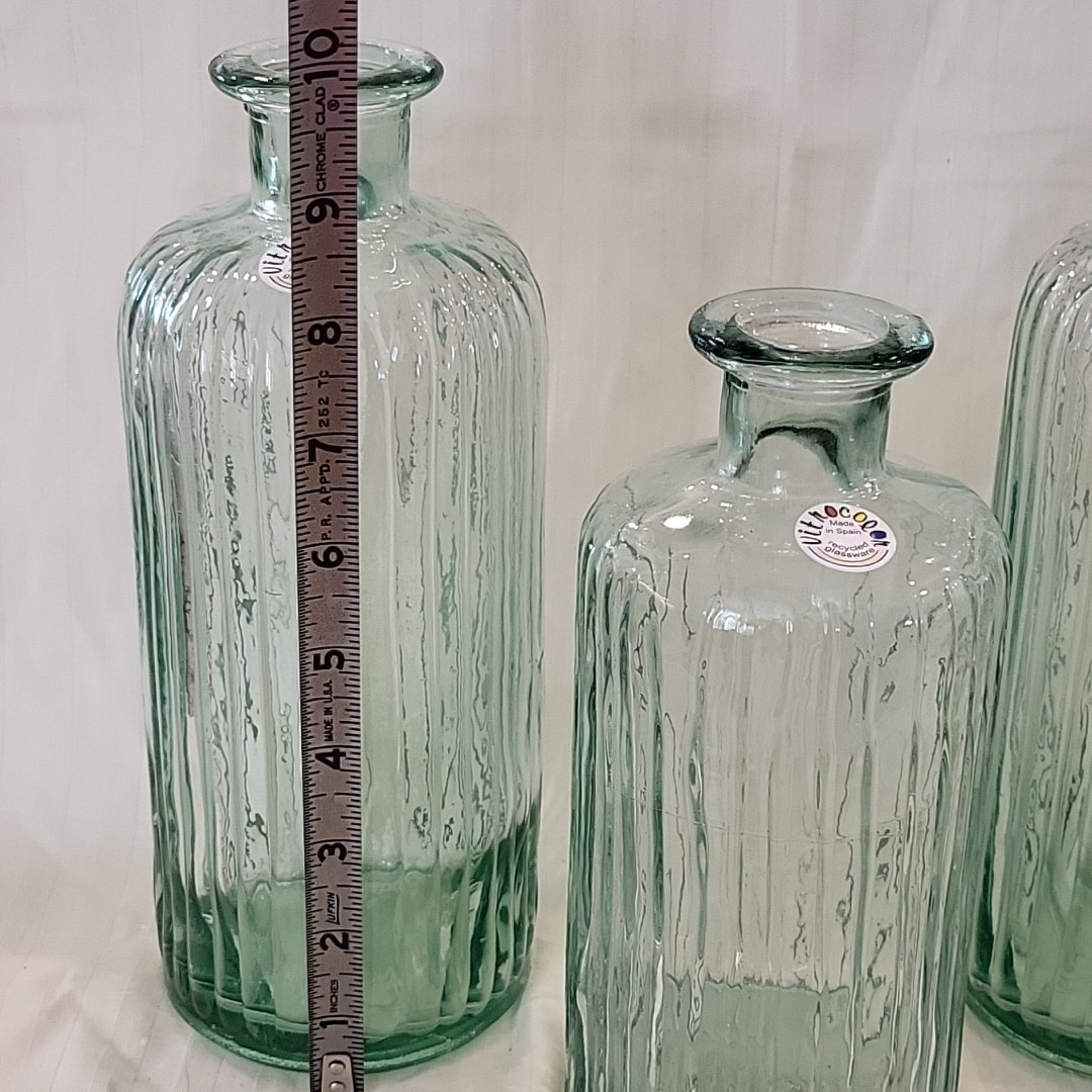 3 Vitrocolor Glass Vases Recycled Green Ribbed Home Decor Spain New Lot of 3
