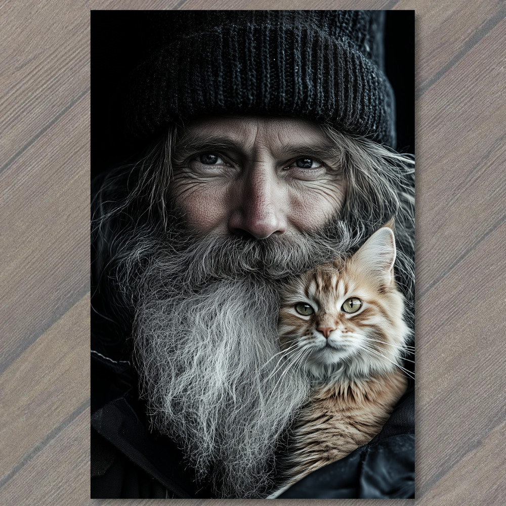Art Print Sailor Old Man White Cat Close Bond Maritime Portrait Pet Love Kitty