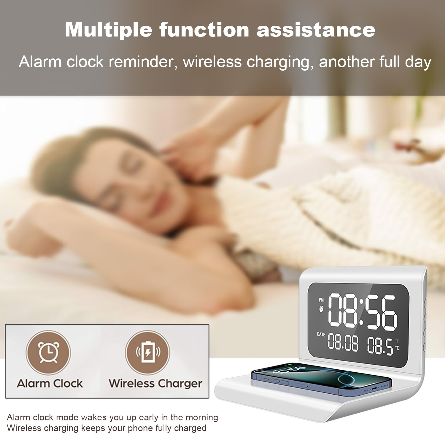 Digital Alarm Clock With Thermometer 15W Wireless Charger For iPhone Samsung
