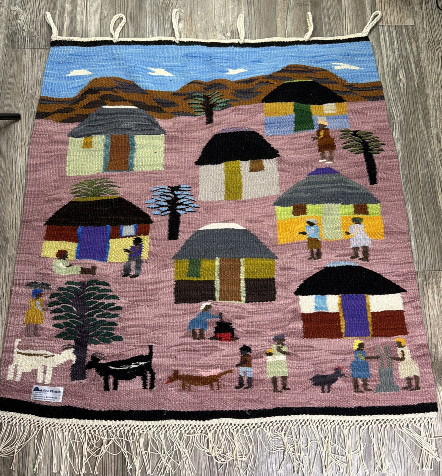 Oodi African Weavers Wall Hanging Hand Spun Hand Dyed Village Scene 37×38