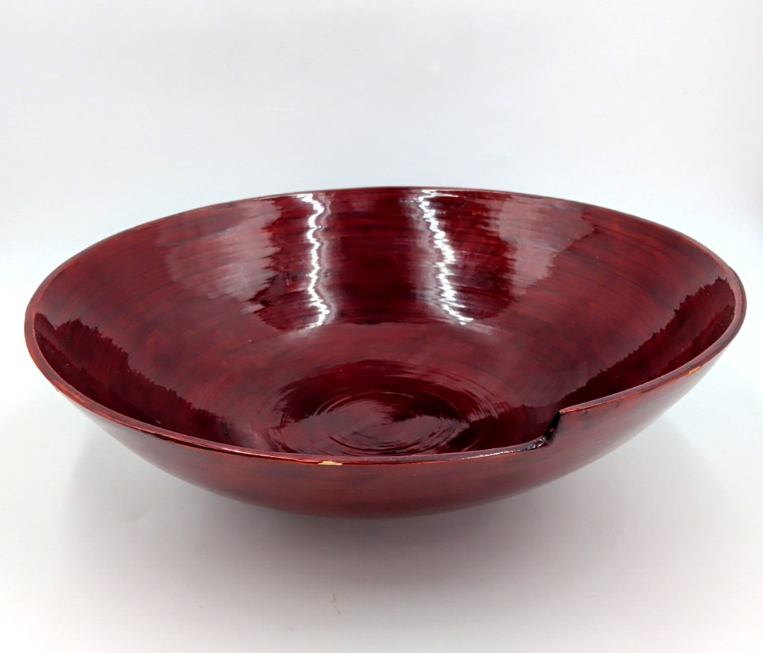 Dark Red Decorative Spun Bamboo Bowl Lacquer Finish 16&Prime; Diameter – See Photos