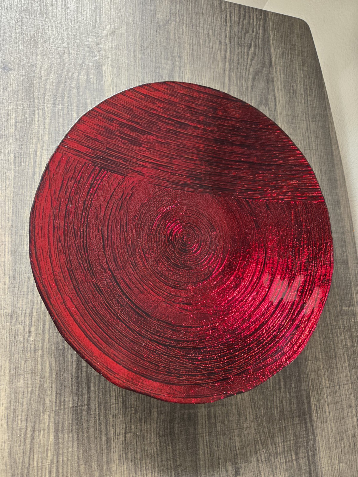 Enameled Aluminum Decorative Bowl, Cherry Red Gloss, Textured Spiral Bottom, 12&Prime;