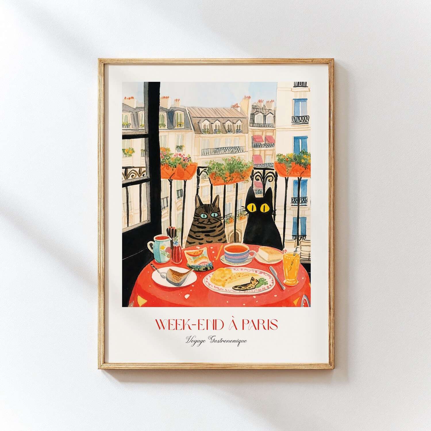 Weekend in Paris Cats Print – French Café Cat Wall Art Poster Decor