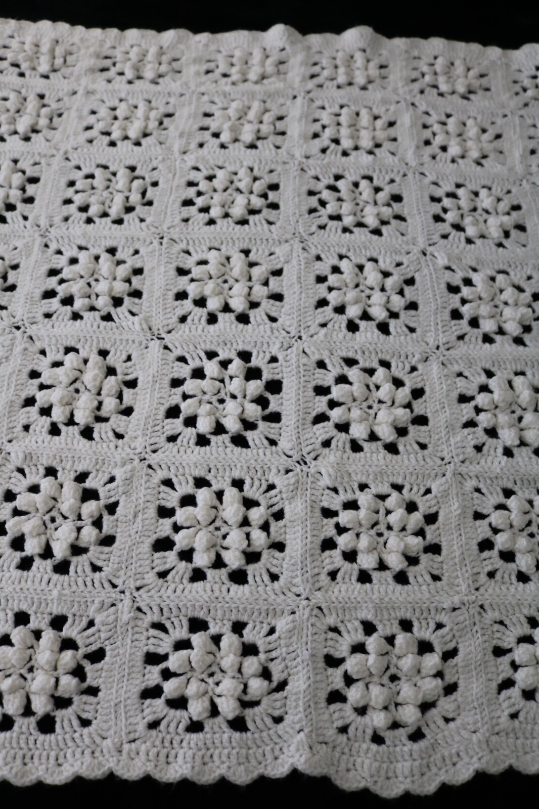 Baby Granny Squares Afghan Hand Crocheted Soft White Cream Popcorn Stitches EUC