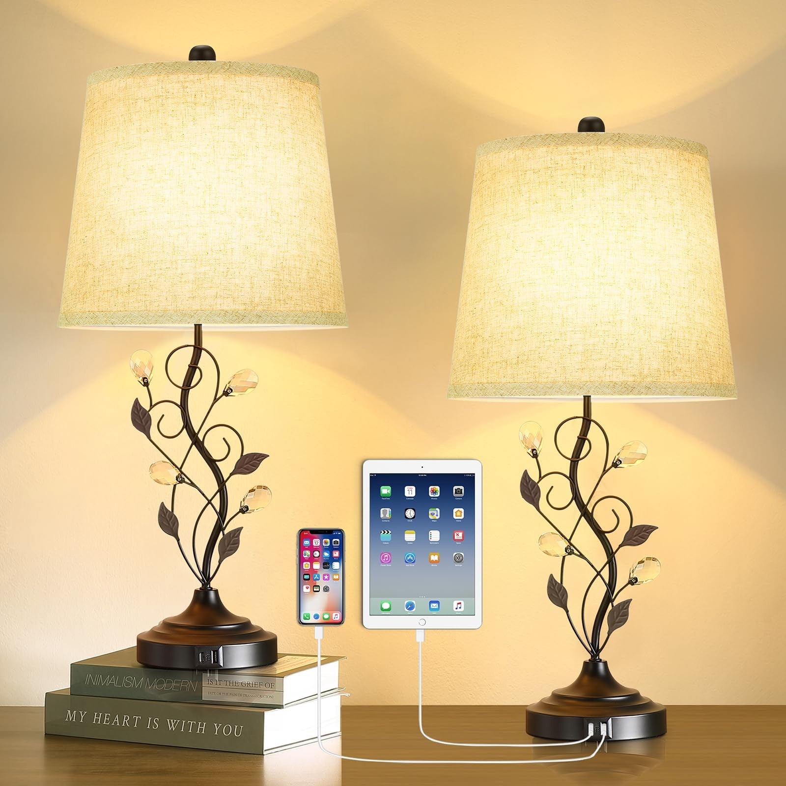 24.5in Farmhouse Table Lamps Set of 2, Rustic Bedroom Lamps with 2 … Fast Ship