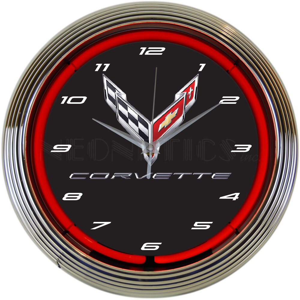 Chevrolet Corvette C8 Flags Logo Red Neon Hanging Wall Clock 15&Prime; Diameter 8CORV8