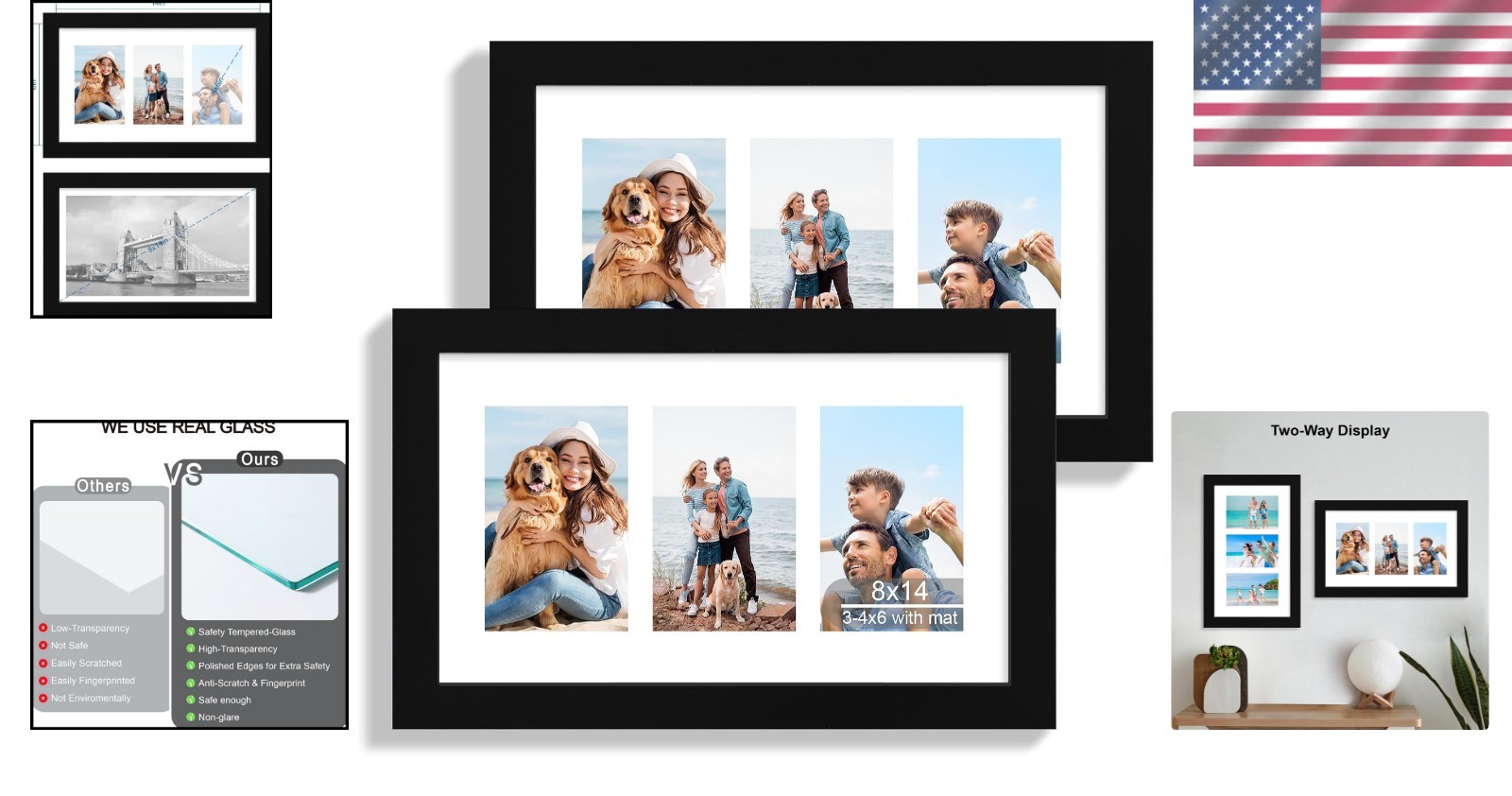 Picture Frame Set 2 Black Wood Collage Wall Mount Rustic Display 8×14