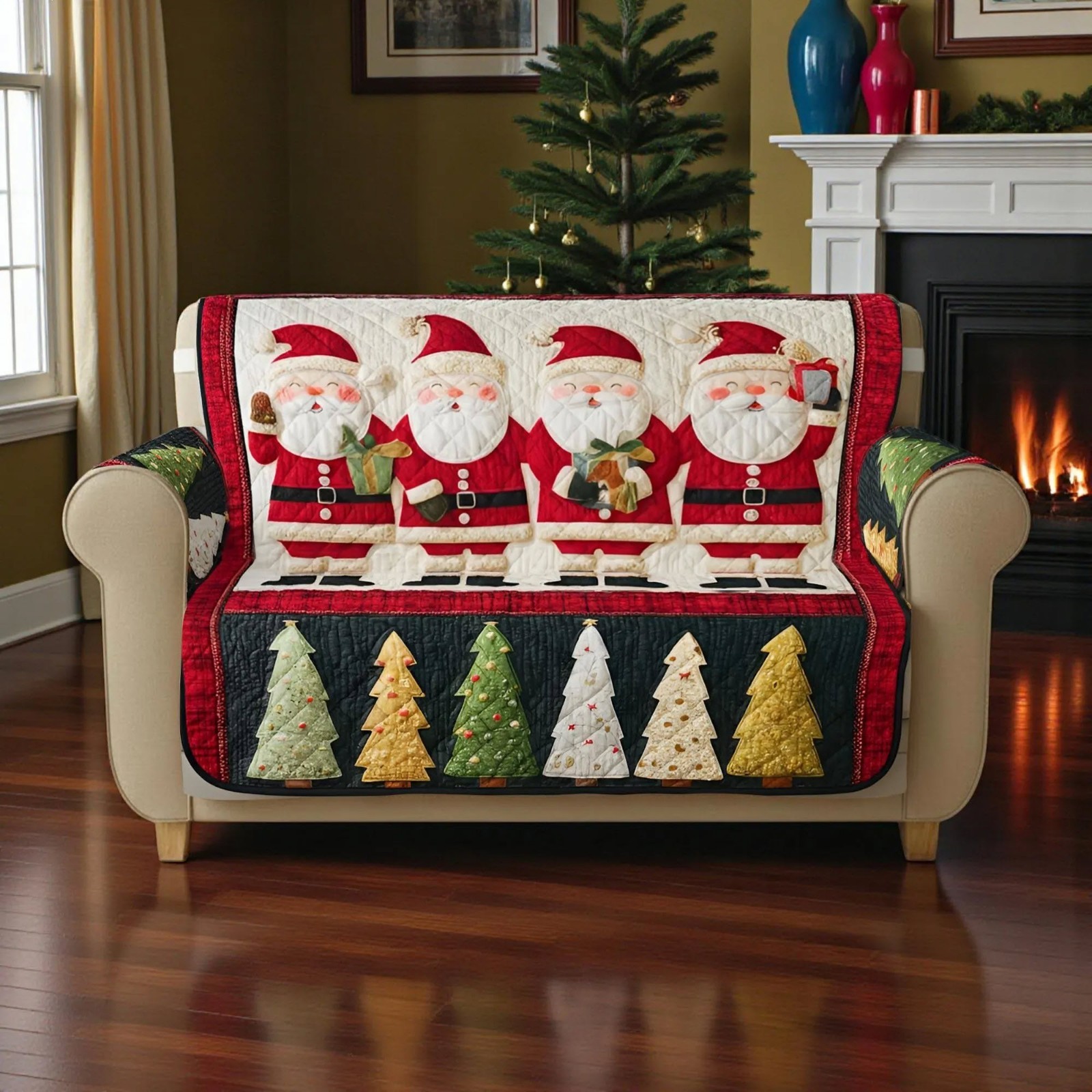 Santa Claus Christmas Quilted Sofa Cover Cozy Holiday Couch Protector Xmas Decor