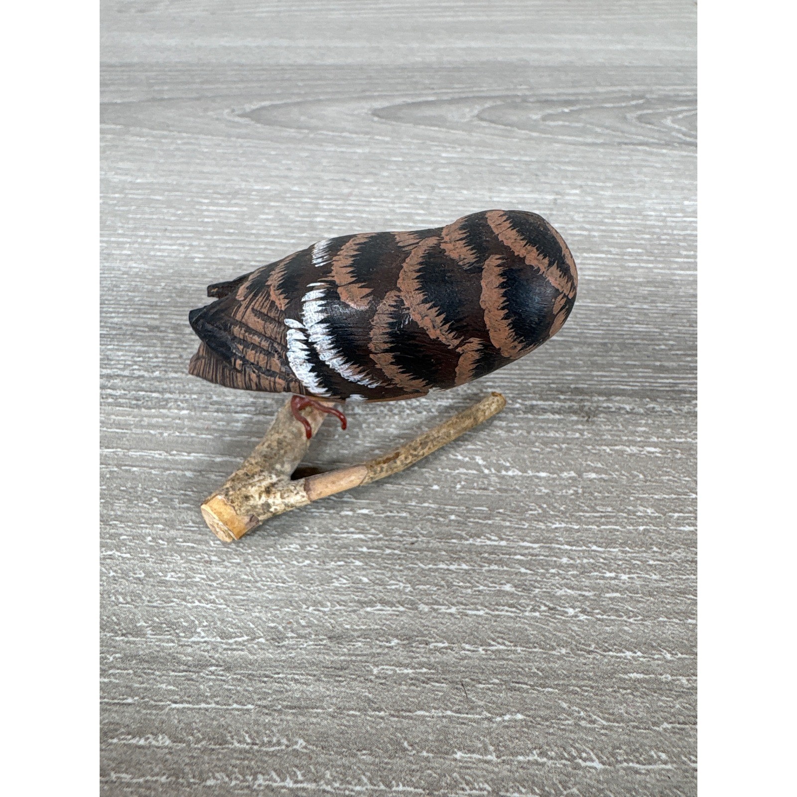 Vintage Hand Carved Wooden Owl Figurine Miniature Folk Art Bird on Twig Perch