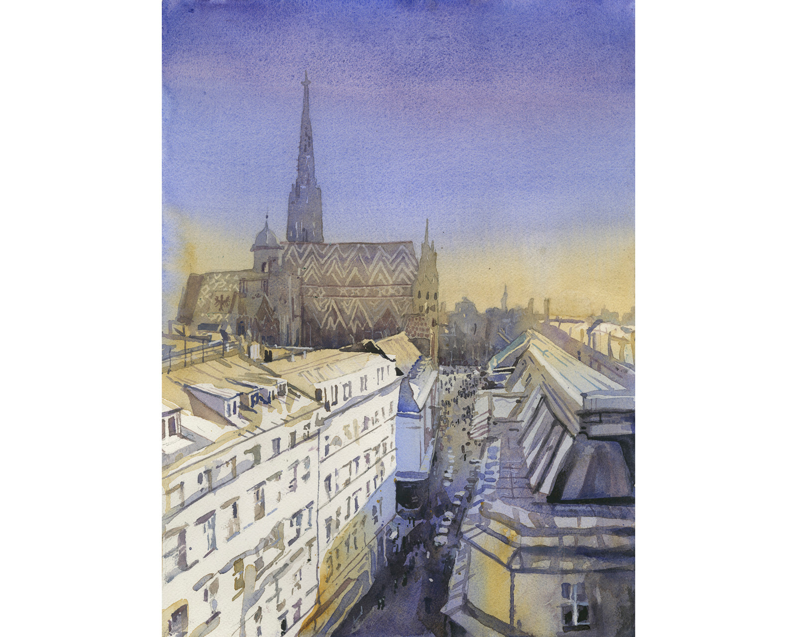Vienna skyline St Stephens Cathedral sunset colorful art house handmade (print)