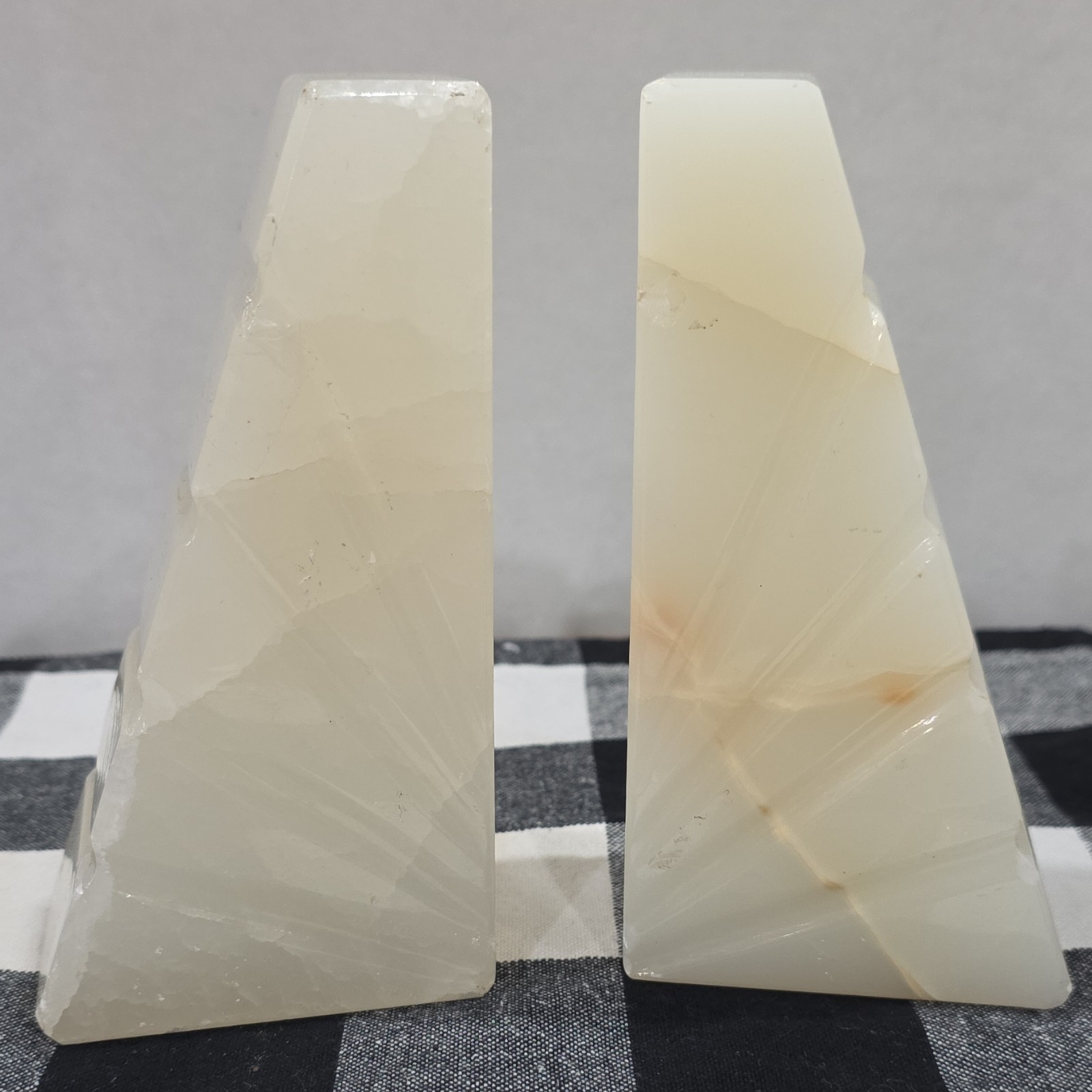 White Polished Stone(Onyx?) Bookends Pair Geometric, Smooth 6&Prime;. 4 pounds total