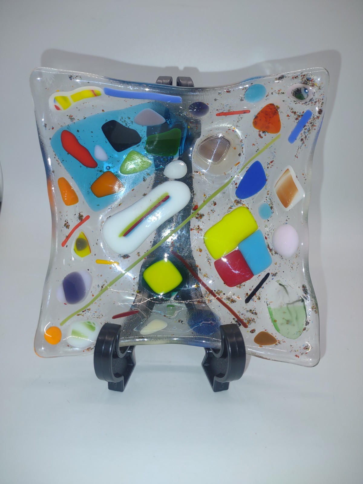Vibrant Multicolored Fused Glass Trinket Dish Easter Candy Scalloped Edges 4.75