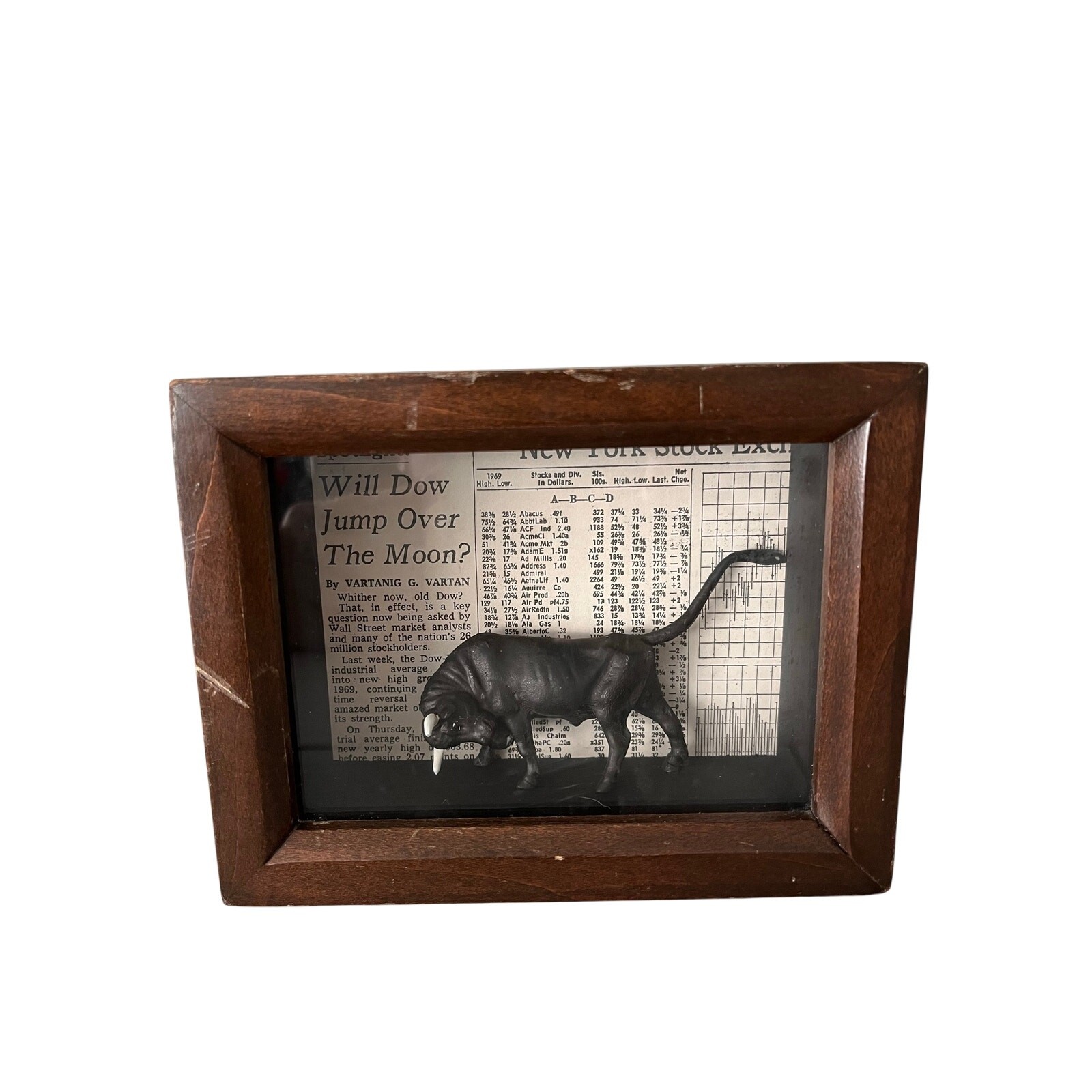 Handcrafted Bull Shadow Box Wall Art Stock Market NYSE Newspaper Decor Wood