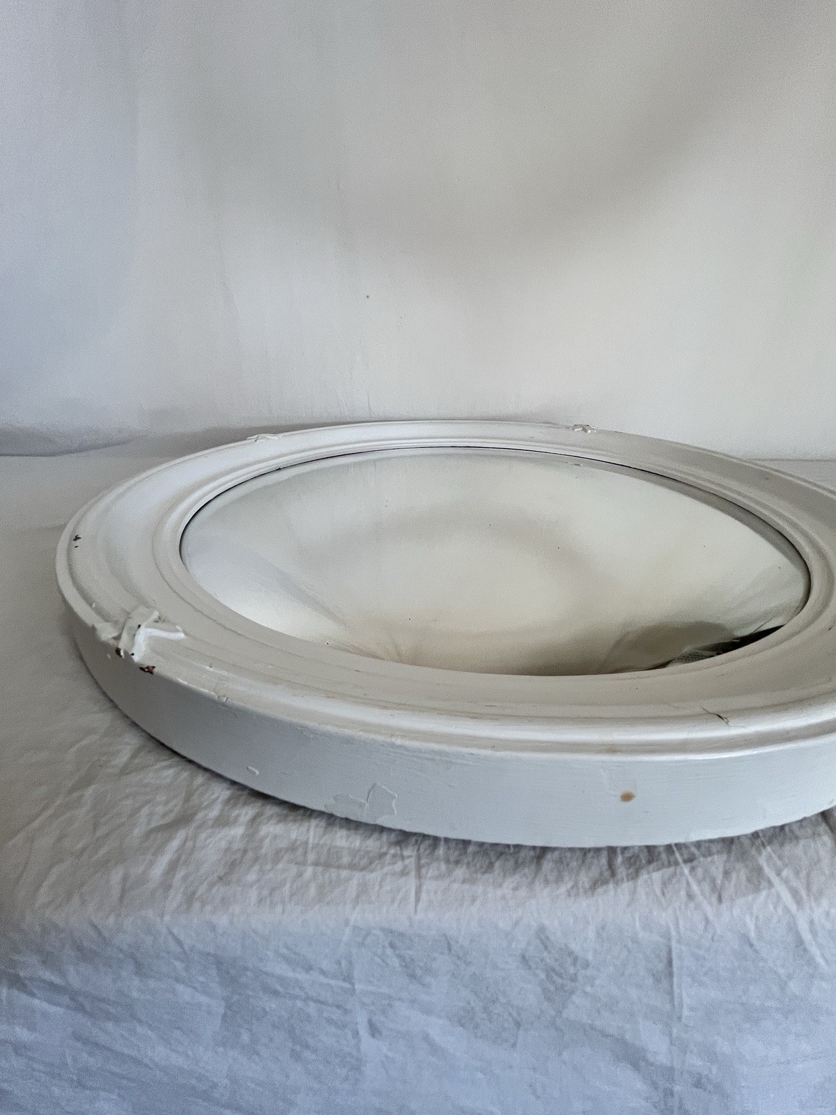 Vintage Round Wood Convex Mirror Painted White with X Accent Farmhouse Country