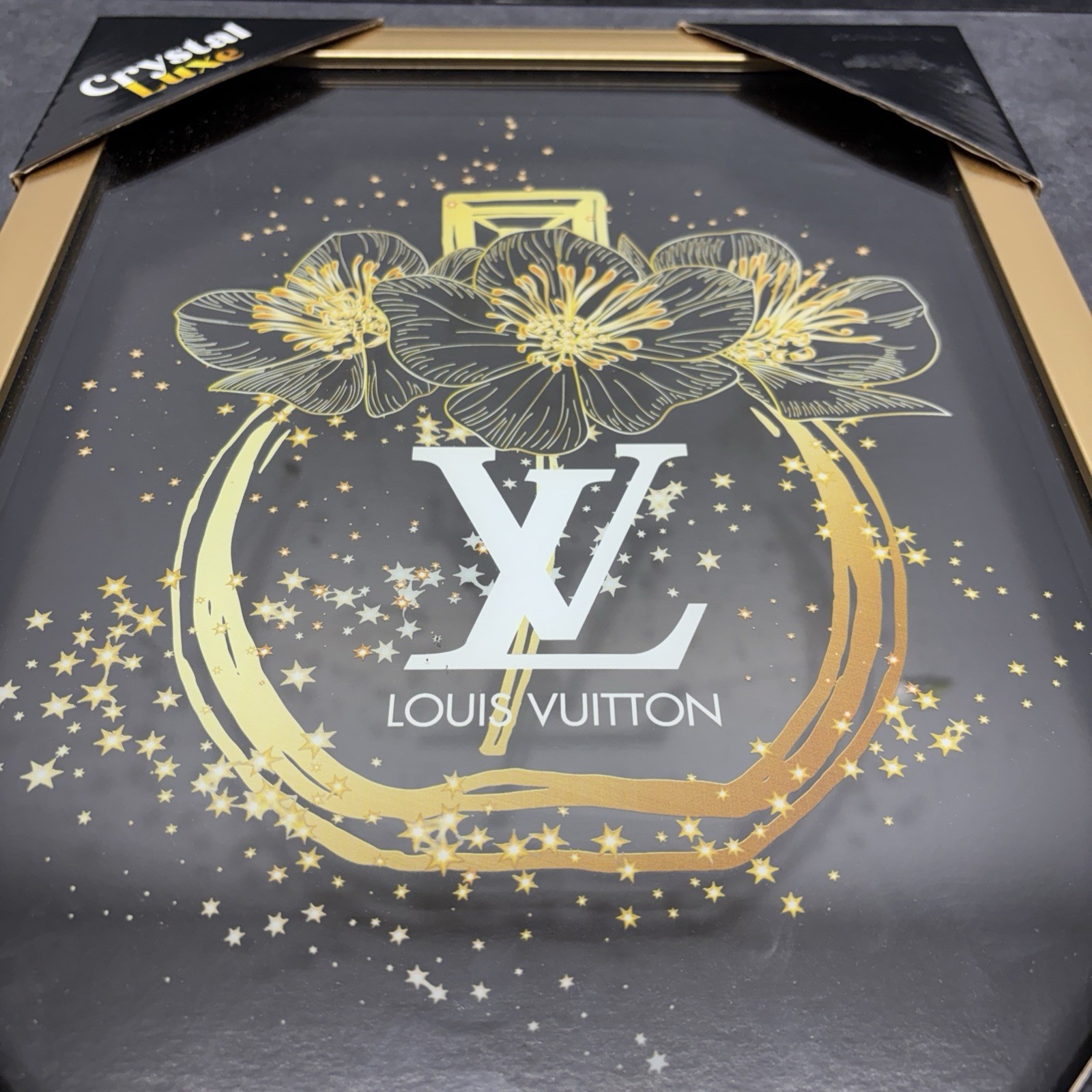 LOUIS VUITTON Crystal Luxe Glass ART FRAMED 16&Prime; X 12” Gold Framed Perfume NEW