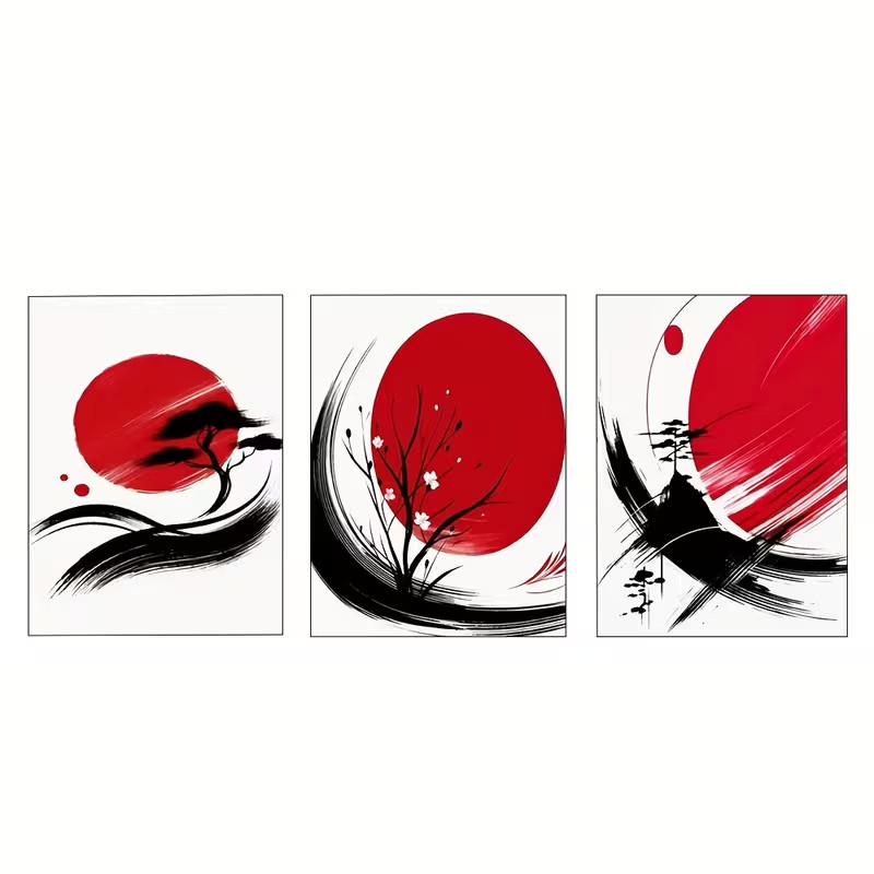 3pcs Three Sets of Japanese Ink Painting Red Wall Art Canvas Unframed/Framed