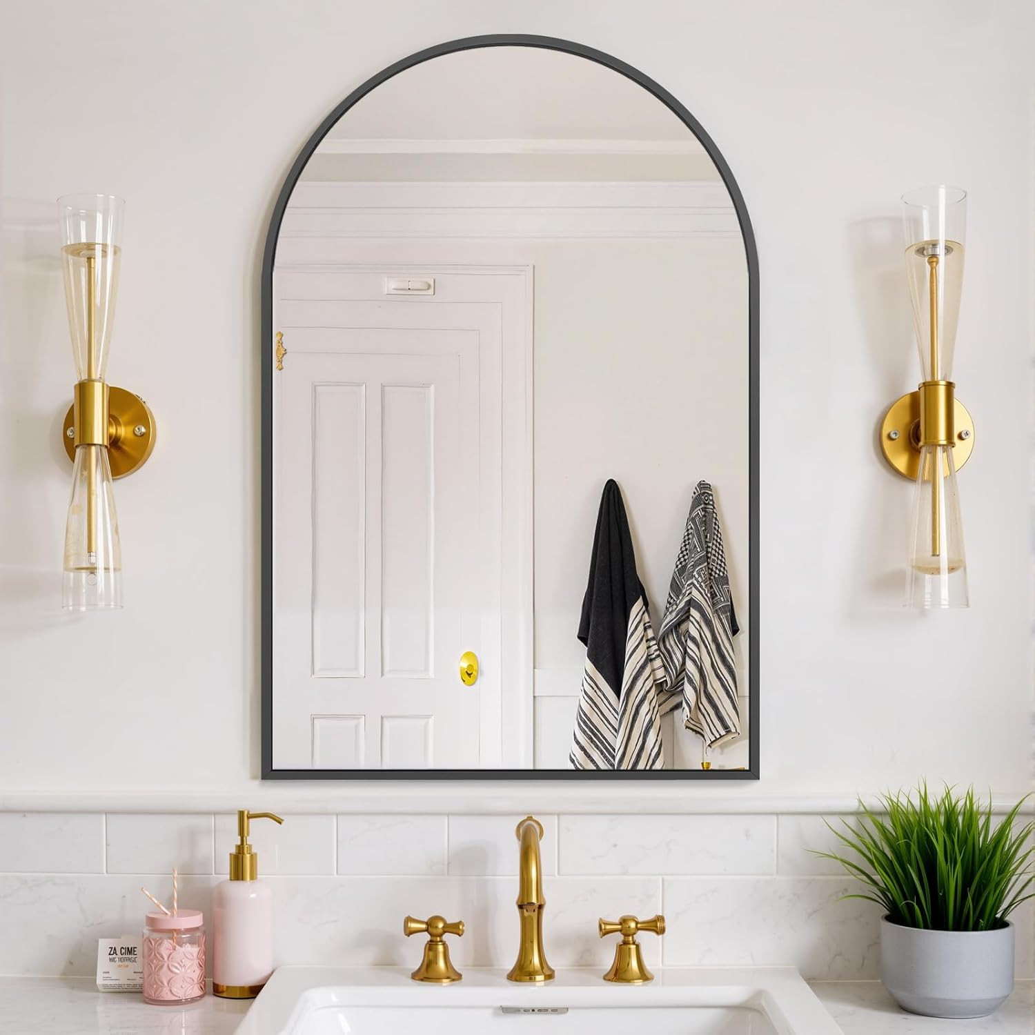 Bathroom Mirror for Wall, 36×24 Inch Arched Mirror, Matte Black Metal Framed Bat