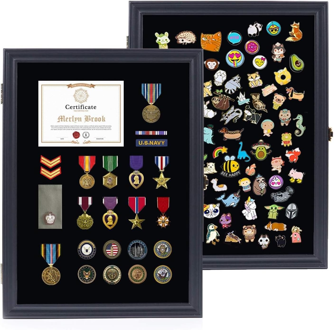 2Pcs Collection Pin Display Case w/ Metal Lock UV-Protected Shadow Box for Medal
