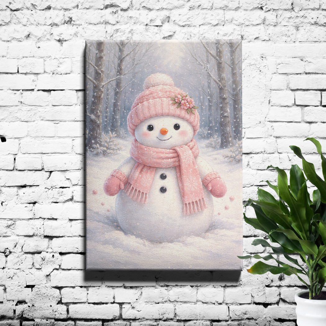 Pink Floral Snowman Scarf Hat Winter Wonderland Framed Canvas Wall Art