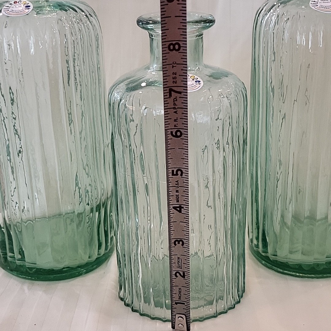 3 Vitrocolor Glass Vases Recycled Green Ribbed Home Decor Spain New Lot of 3