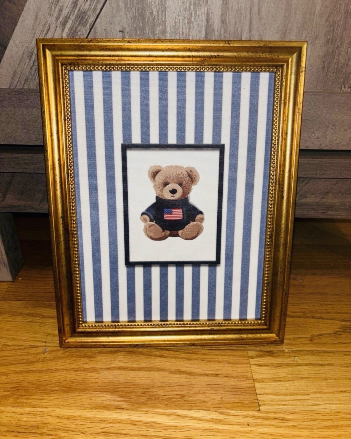 🇺🇸New Golden Framed Americana Striped Teddy Bear Picture