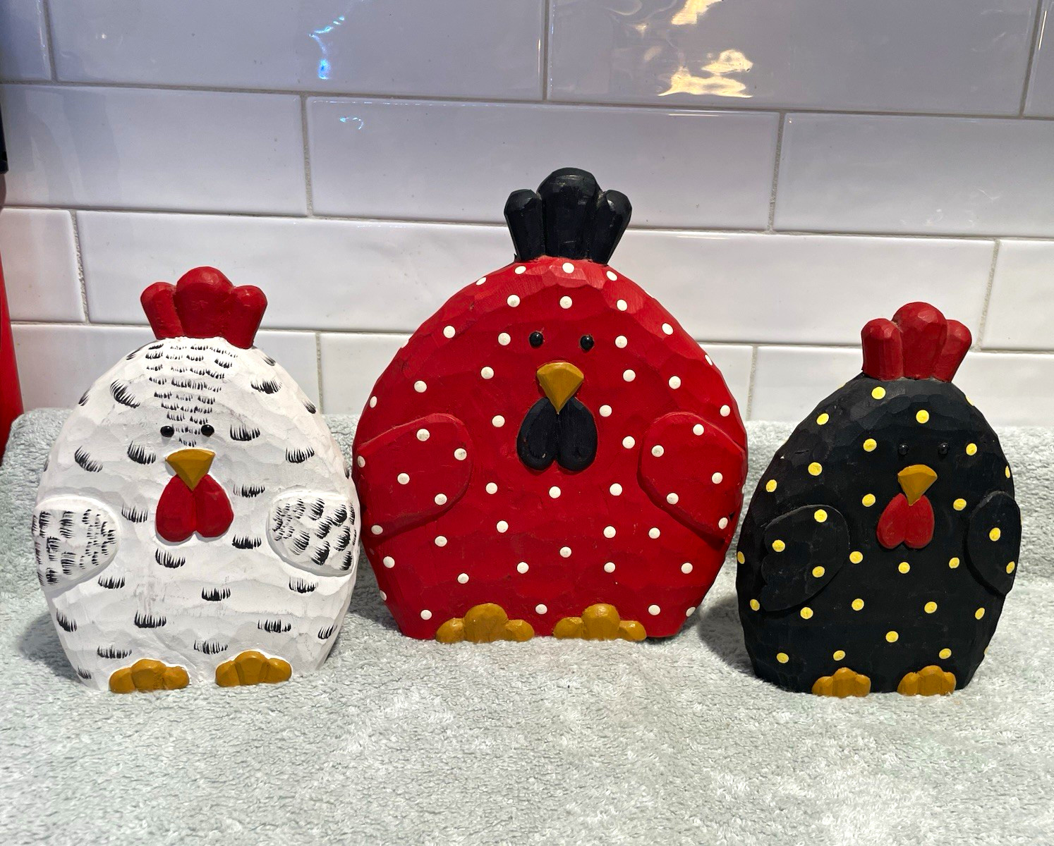 James Haddon Collection Hand Carved Hand Painted Wood Chicken Figurines Set of 3