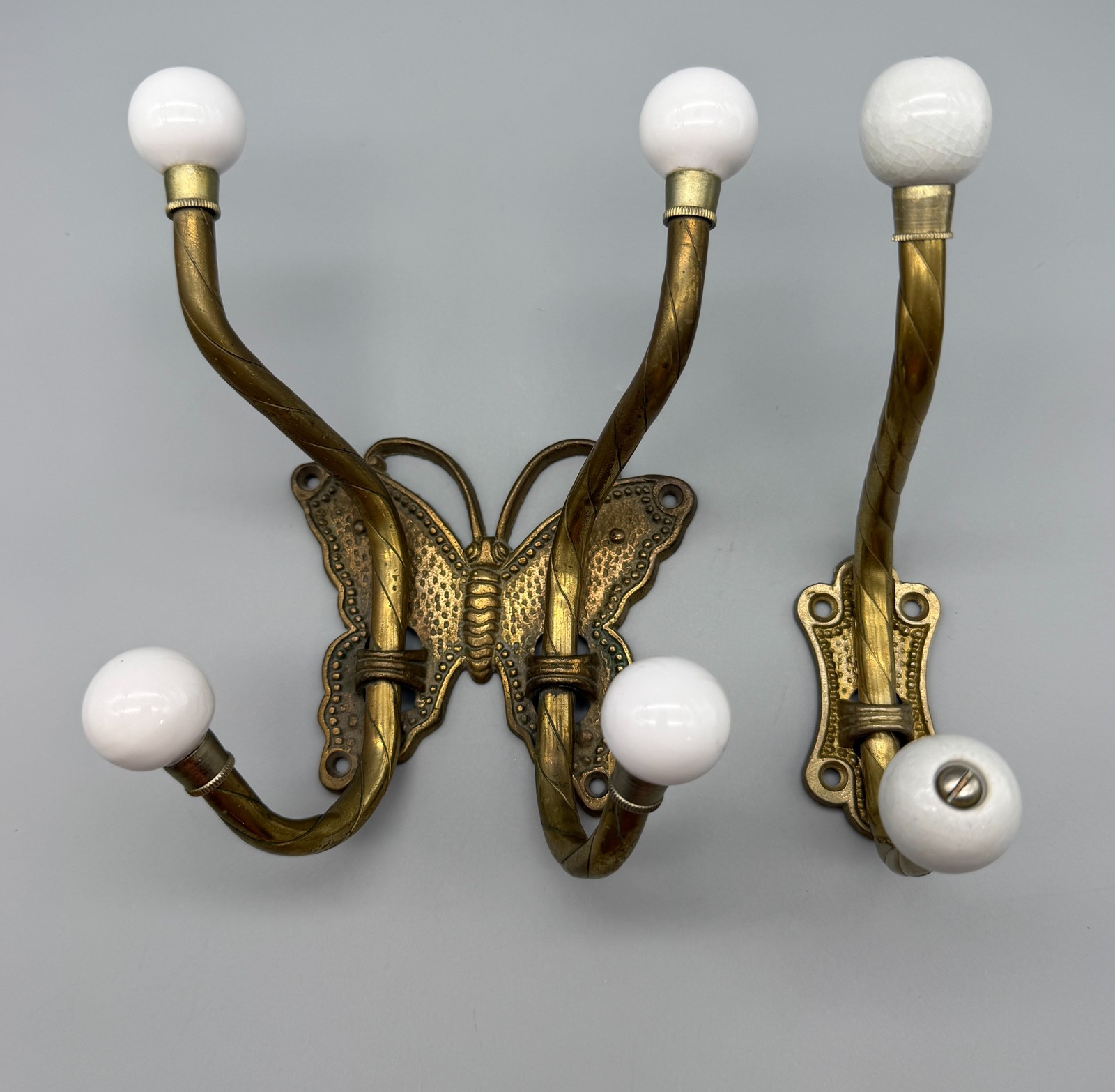 Vintage Brass Ceramic Butterfly & Single Coat Hat Key Hanger Wall Hooks Set
