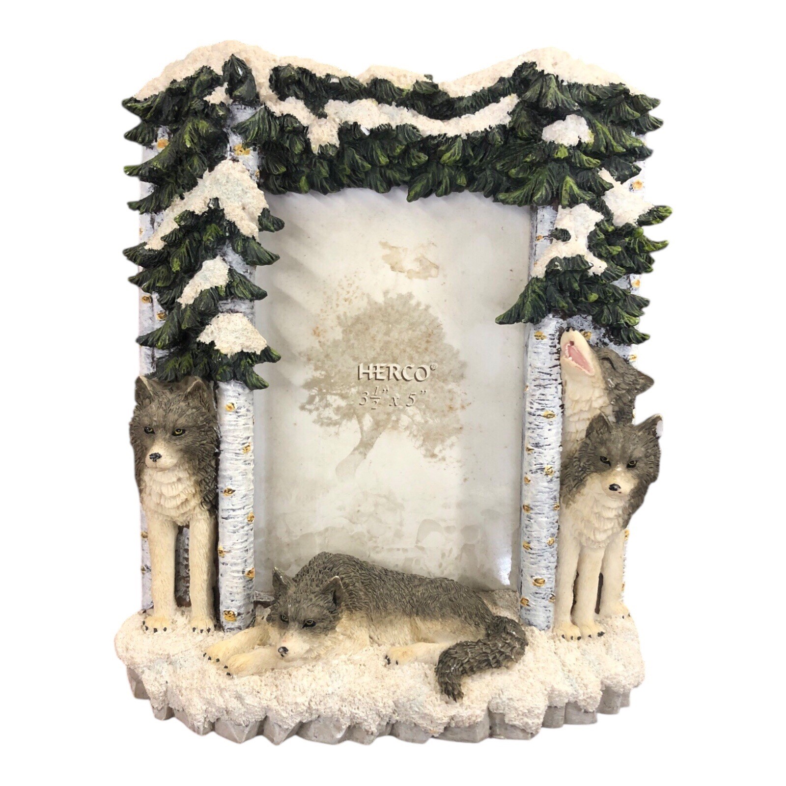 3D Raised Ceramic Picture Frame 3.5×5 W/ Howling Wolf Rustic Cabin Country Style