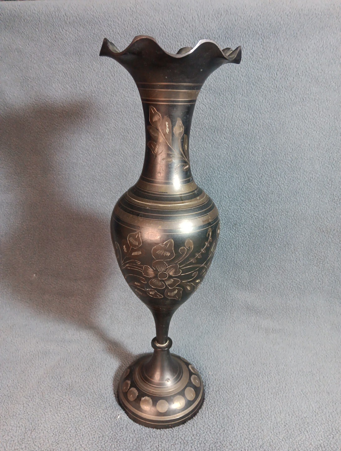 Vintage Brass Tall Skinny Vase Hand Etched Flowers Made in India 13.5 Inches