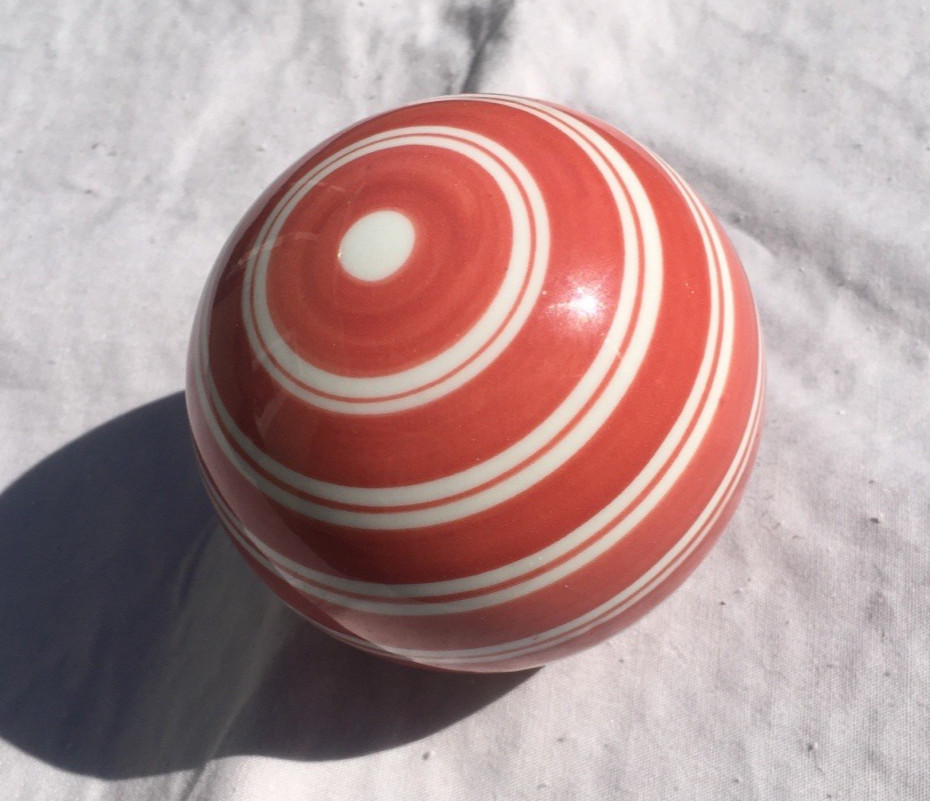 3.5&Prime; Ceramic/Porcelain Carpet Ball Decorative OrangeyRed White Stripes Vintage