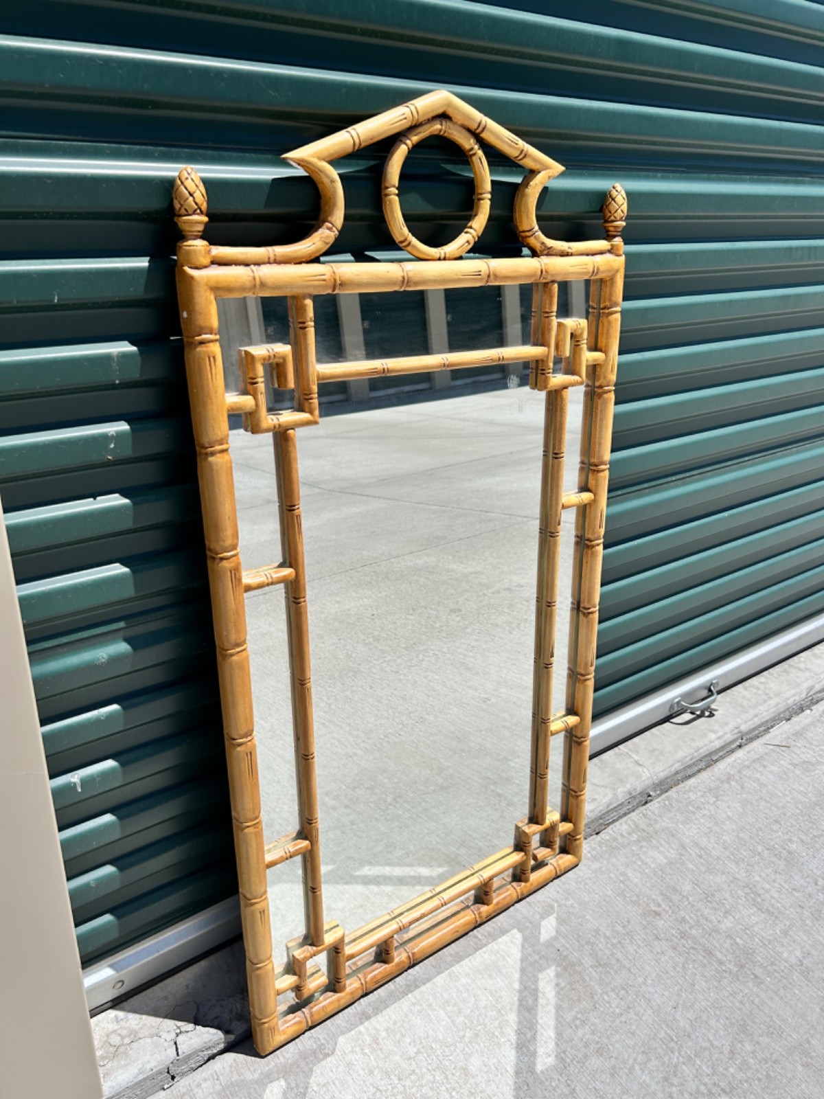Vintage Asian Faux Bamboo Greek Key Pagoda Chinoiserie Wall Mirror 49”h