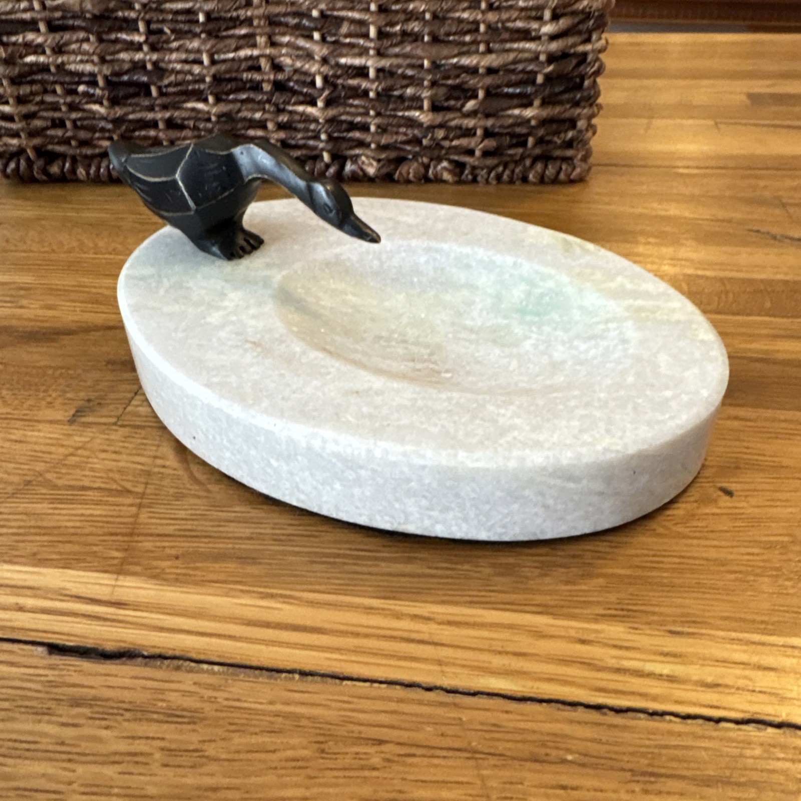 Decorative Marble Soap Dish Jewelry Holder Black Metal Bird Figure