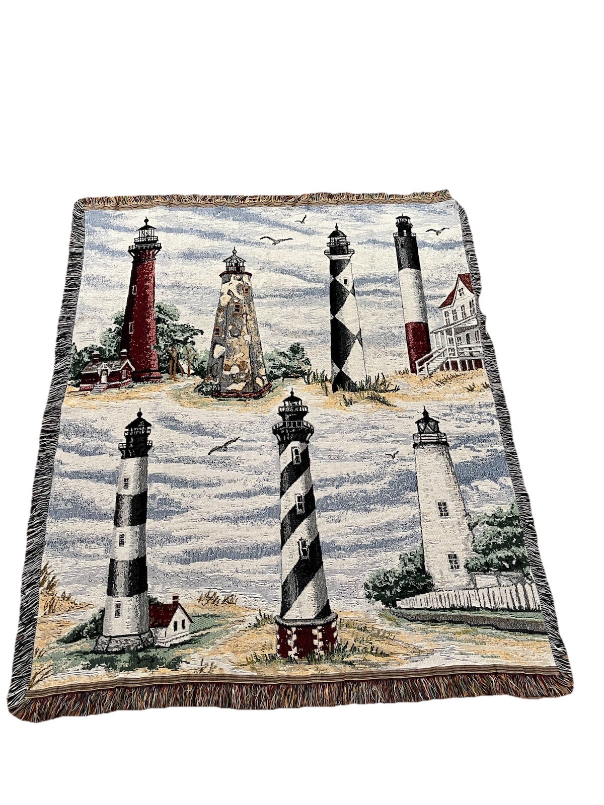 Vintage Lighthouse Nautical 100% Cotton 60”X52” Woven Throw Blanket