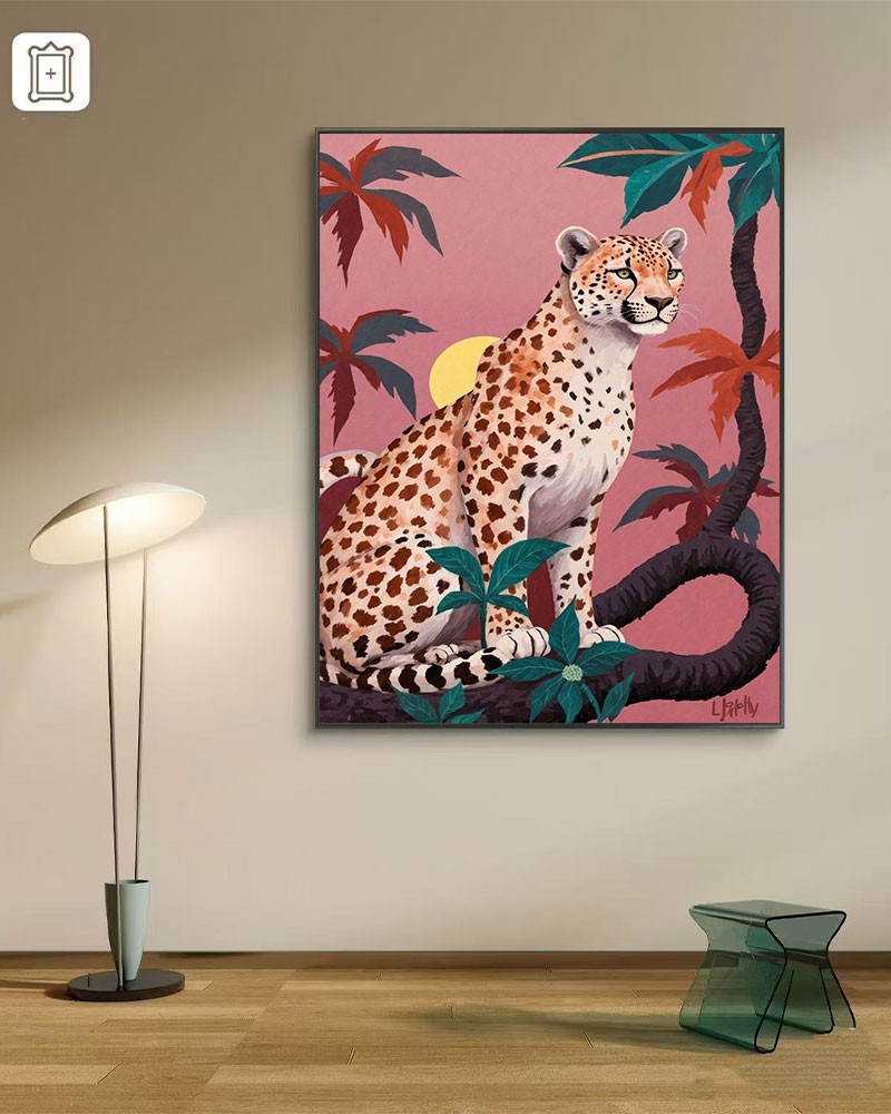 🐆 Jungle Leopard Canvas Wall Art – Modern Tropical Wild Cat Painting Print Pink