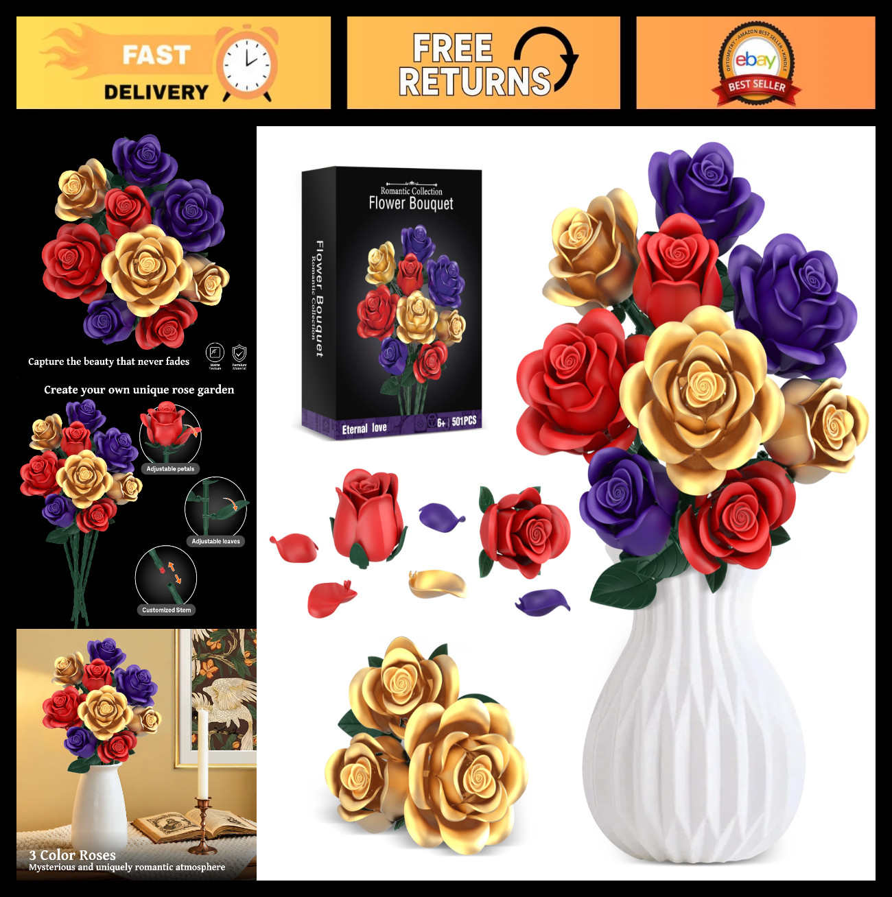 501Pcs Rose Bouquet Building Set – Red Purple Golden Artificial Flowers for Home