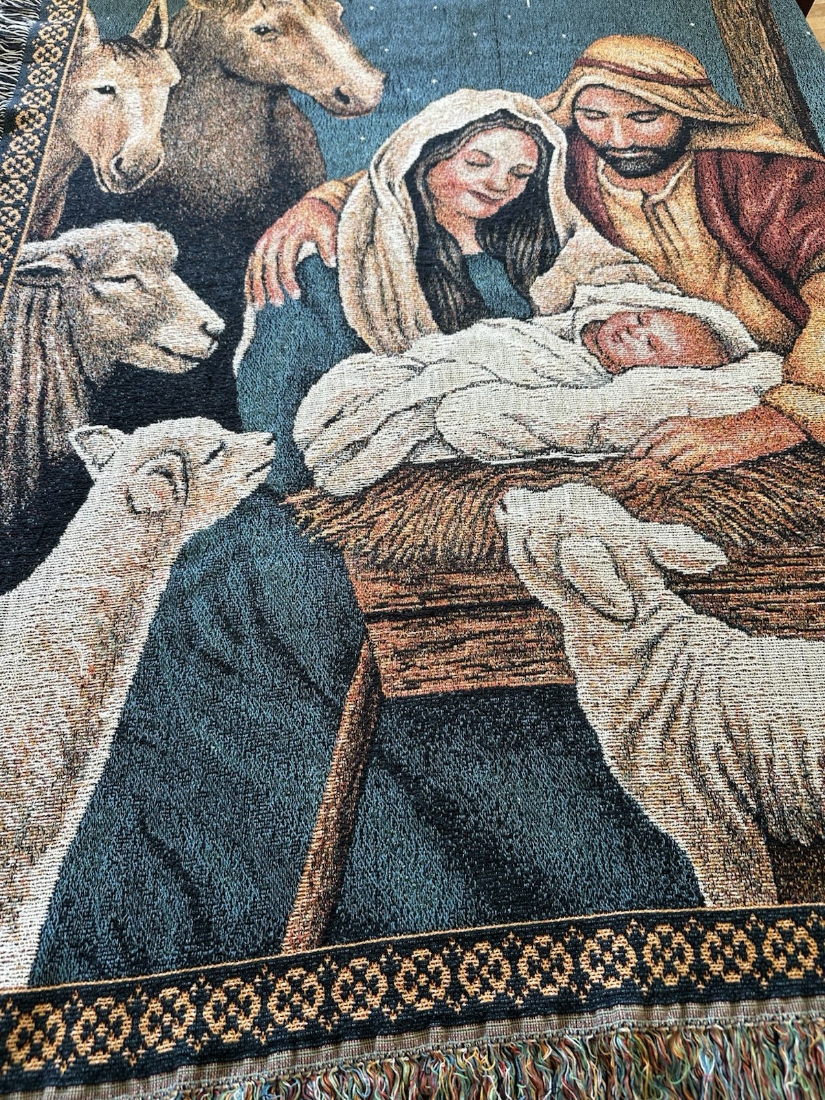 Nativity Tapestry Throw Blanket Baby Jesus Mary Joseph Christmas Manger Fringe