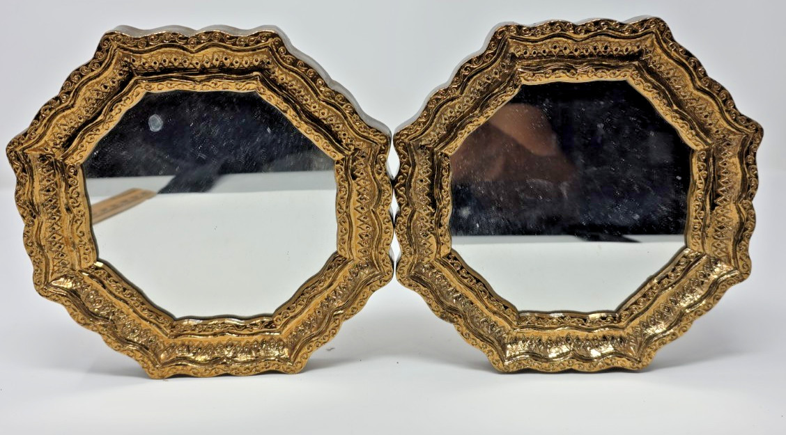 2 Burwood Wall Mirrors Ornate Gold Octagon 7” Engraved Resin Hollywood Reg Vtg
