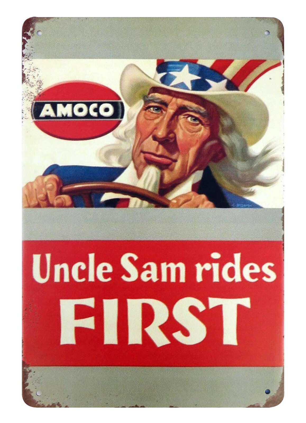 nostalgic garage Uncle Sam rides First Amoco tin metal sign
