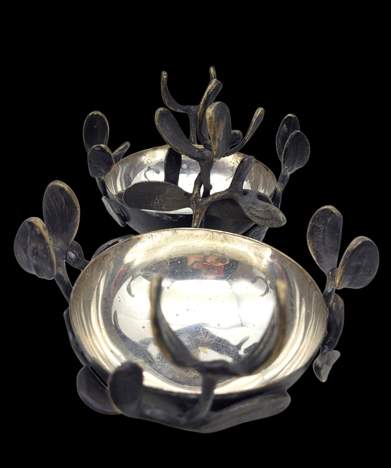Rare L&rsquo;Objet Double Nest Decorative Bowl, Silver Plate with Brass Leaves. 10&Prime;