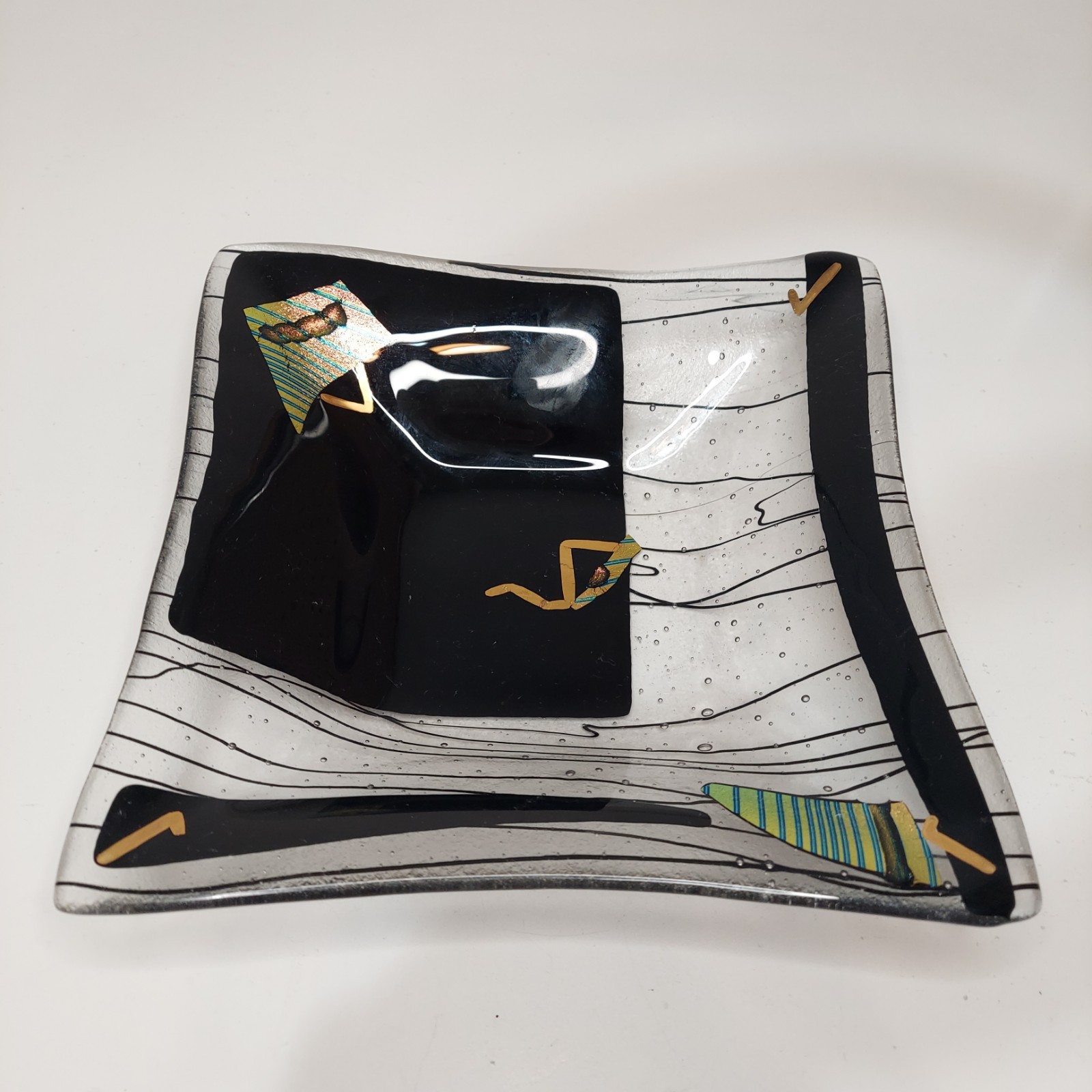 Signed Art Glass Modern Iridescent Fused Deep Dish Glass Square Plate/Plate Mcm