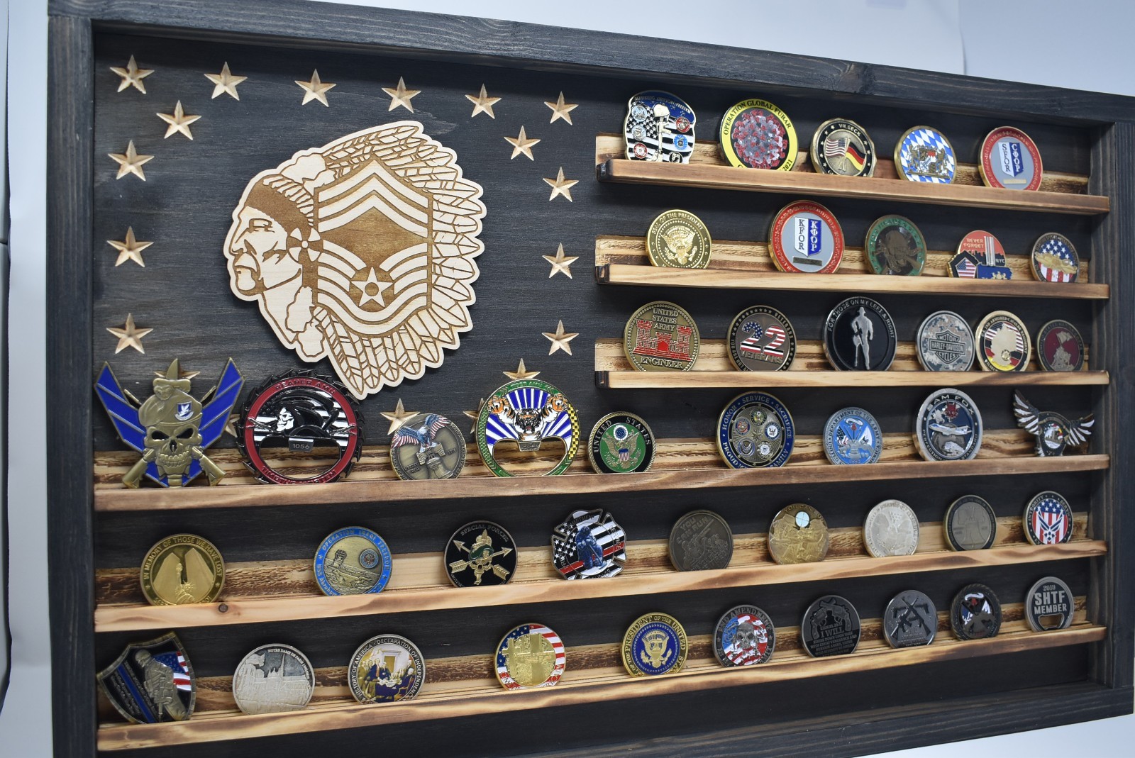 US Air Force CMSgt Chief Challenge Coin Flag Display | Holds 60 Coins | Made USA