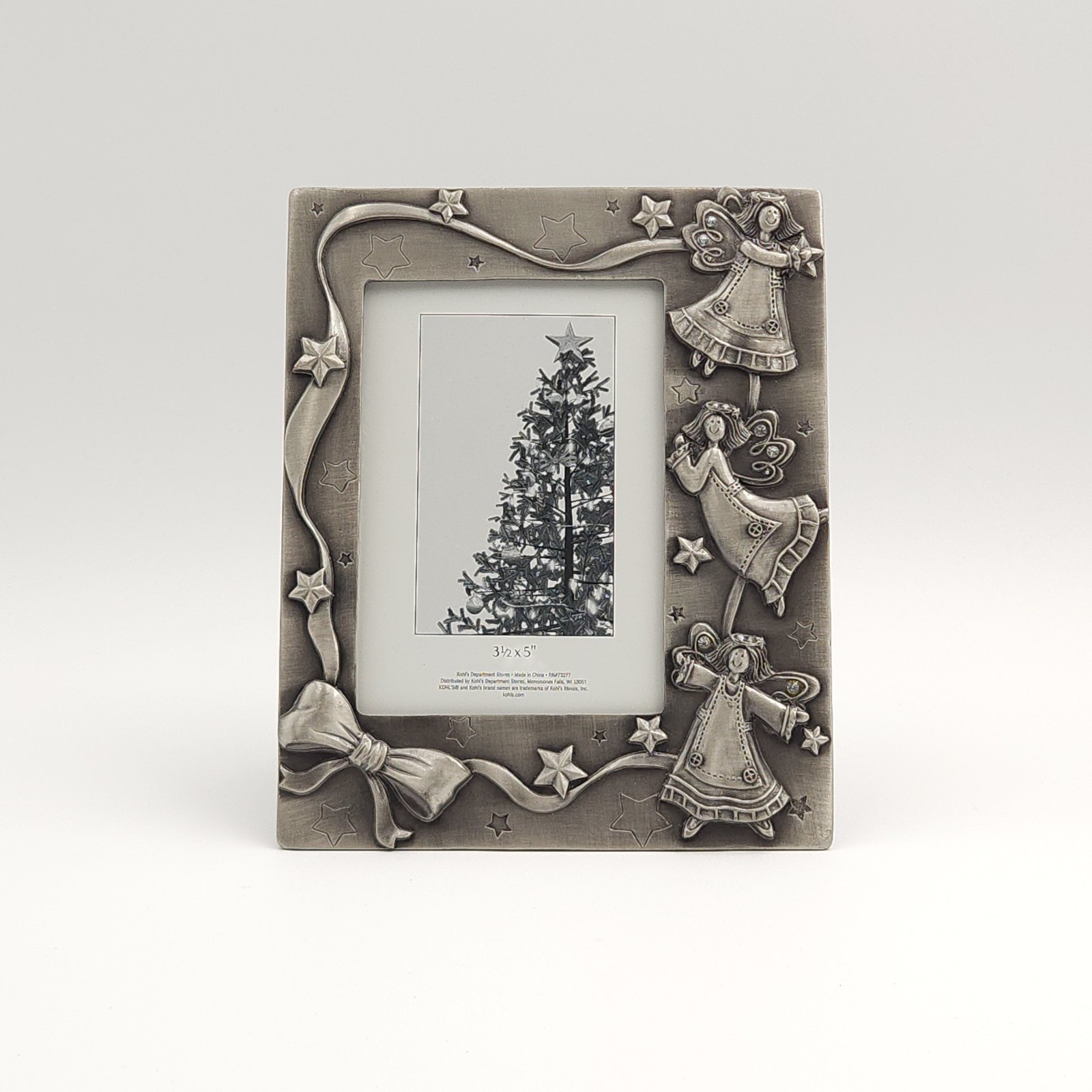 Kohls Silver Metal Angel Picture Frame 3.5&Prime;x 5&Prime; Christmas Holiday Ribbon Stars