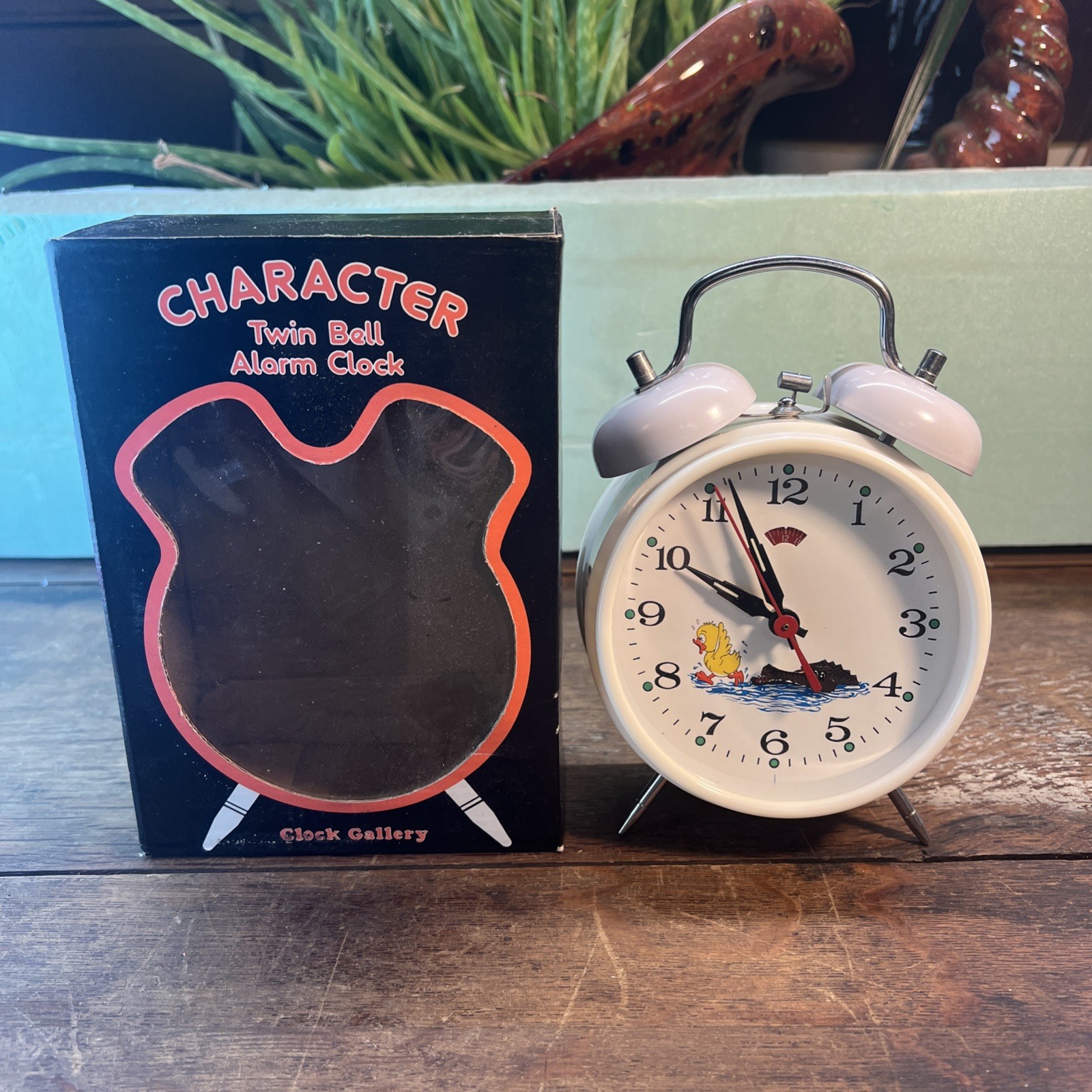 Retro Twin Bell Alarm Chicken Crocodile White New Mechanical Clock NOS Wind-Up