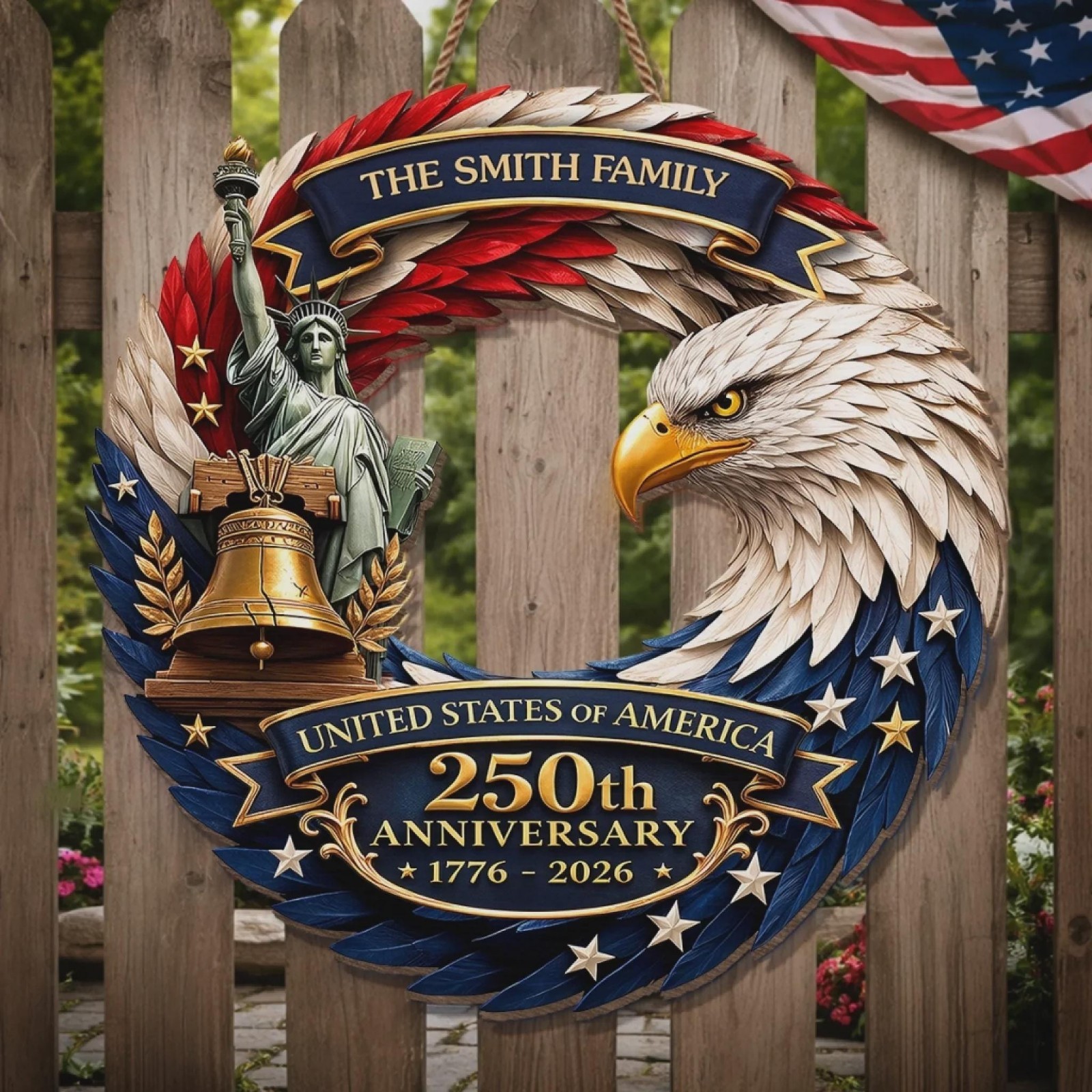 Personalized America 250th Wood Wreath 1776-2026 Patriotic Door Sign Decor