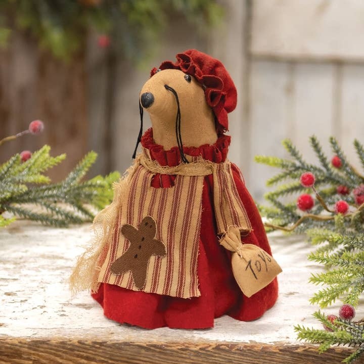 Mrs. Claus Mouse W/Gingerbread Apron Plush Primitive 7&Prime; Christmas Doll
