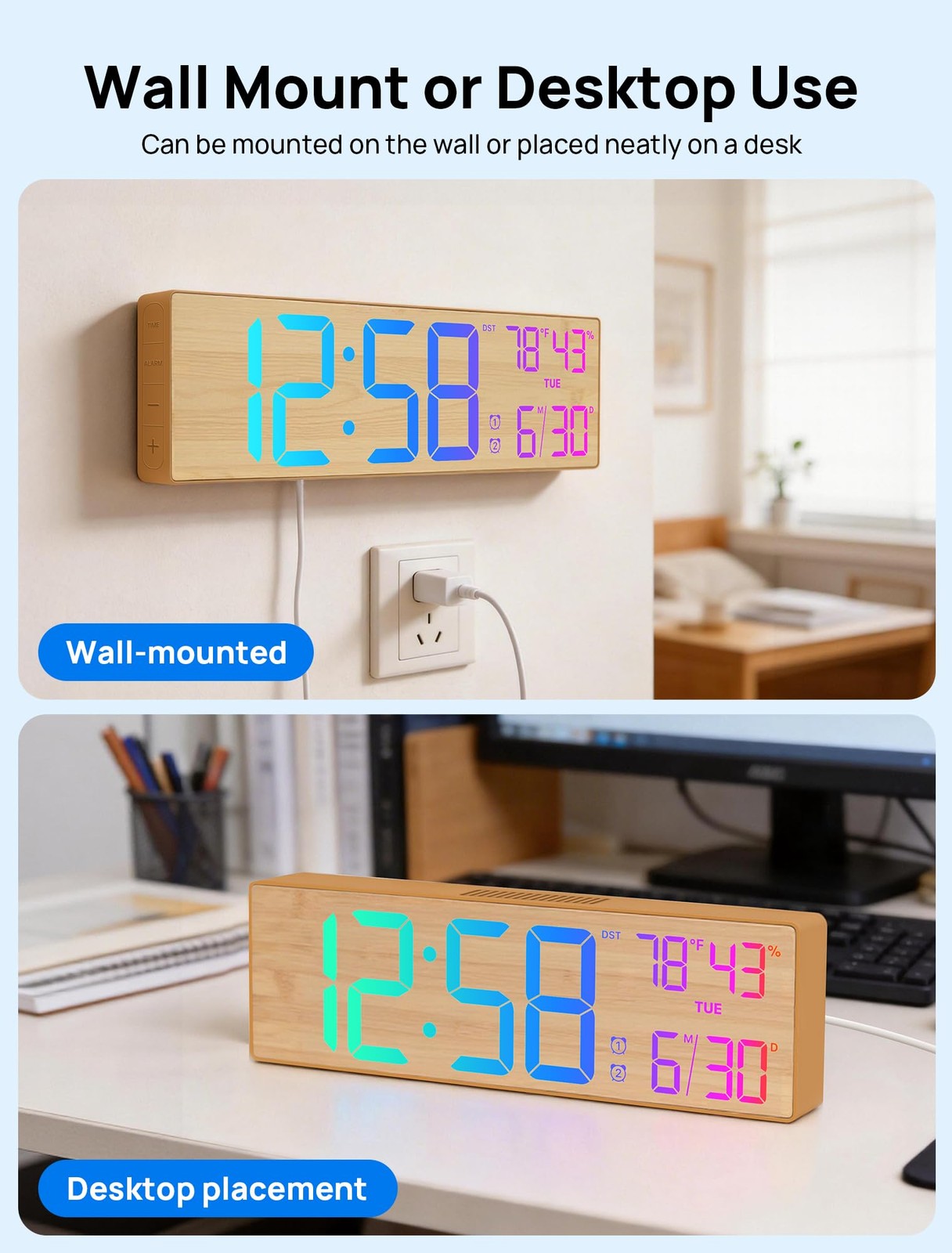 2026 Upgrade 18.5 Inch Large Digital Wall Clock Remote LED Bamboo 1 PCS