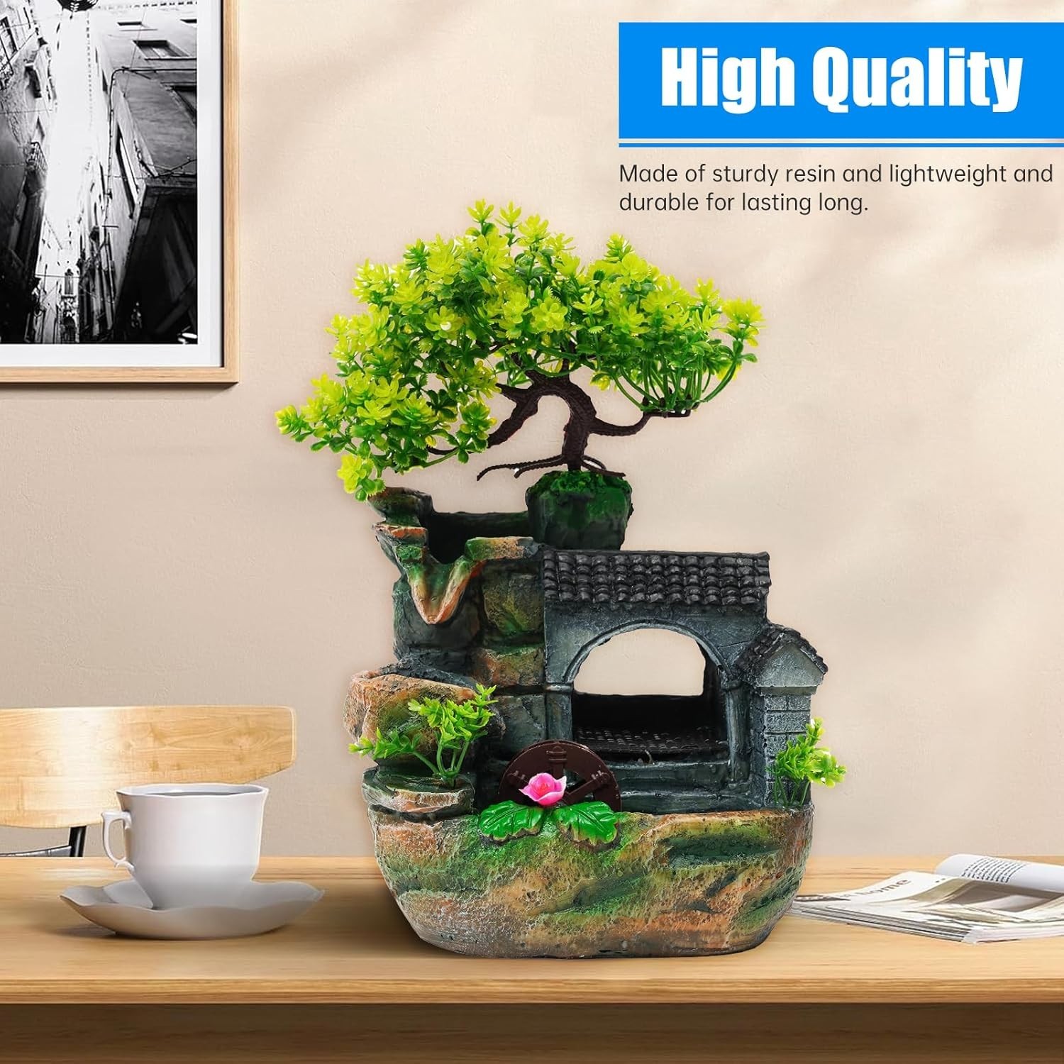 Tabletop Rockery Fountain with Humidifier & LED – Indoor Zen Decor for Office a