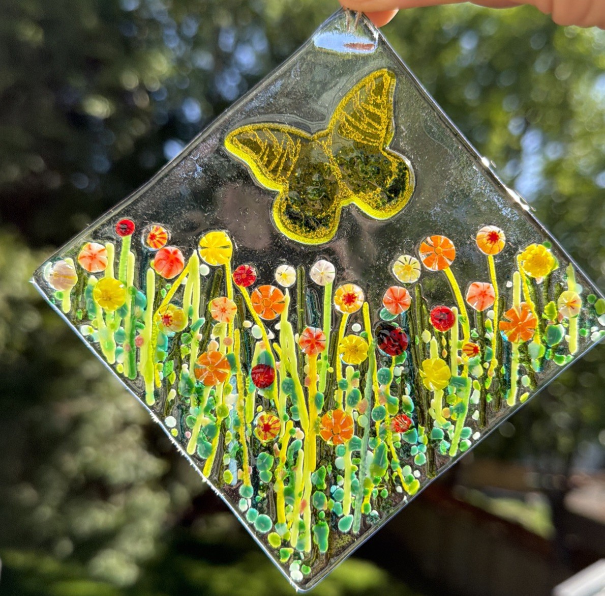 Fused Glass Handmade Diamond Shaped Multicolored Sun Catcher Signed By Artist